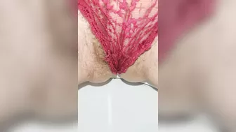 Schoolgirl with small ass but big hairy pussy pissing for you super mega closeup