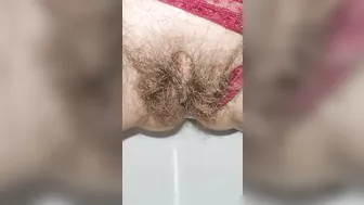 Schoolgirl with small ass but big hairy pussy pissing for you super mega closeup