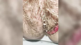 Schoolgirl with small ass but big hairy pussy pissing for you super mega closeup