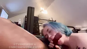 Hot babe with dyed hair sucks my cock and gets facial