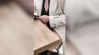 Slutty wife shows tits and pussy in public bar