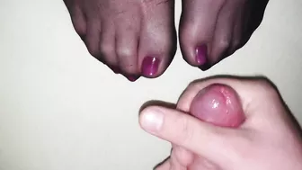 Big cumshot on Wife's nylon feet