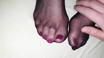 Big cumshot on Wife's nylon feet