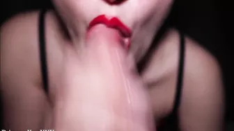 Slow and passionate blowjob. Cute Brunette with red lips.