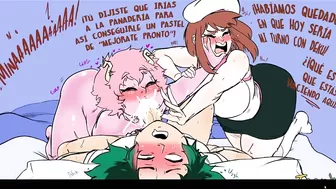 Mina Ashido y Ochako Uraraka Comen y Montan La Verga De Midoriya En La Cama