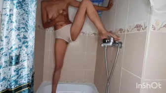 Pissing in the shower without removing panties....