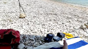 Wife with open legs in a public beach lets me touch her pussy