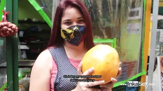 Big-ass Latina sells fruit in the market, and they end up eating her forbidden "fruit".