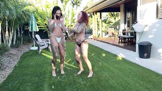 Aussie tattooed babes kissing, twerking, and licking each other with champagne