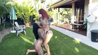 Aussie tattooed babes kissing, twerking, and licking each other with champagne