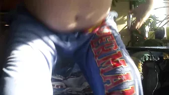 Bear jerks off in pajama pants with superman logo